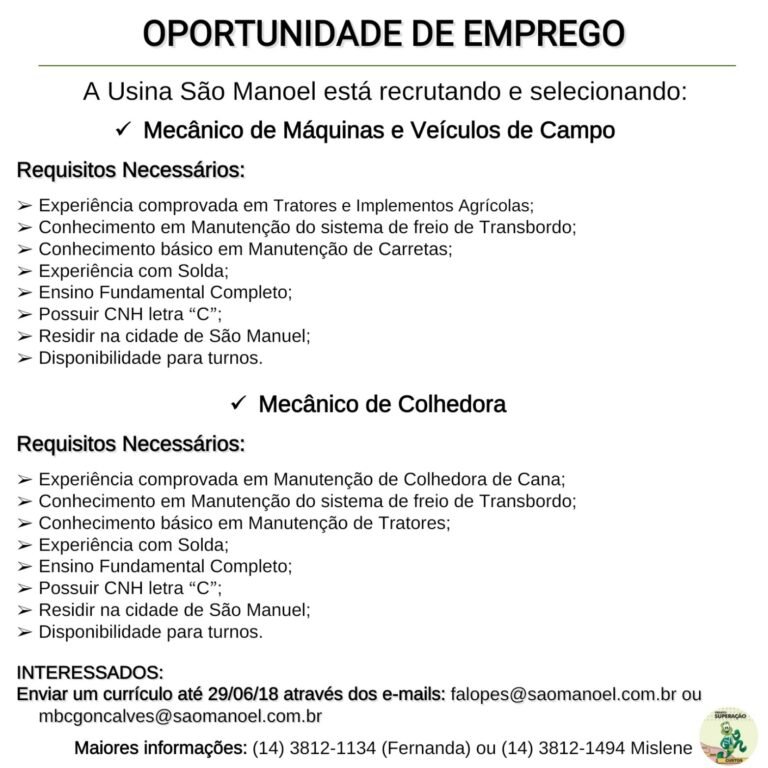 Usina São Manoel oferece oportunidades de emprego