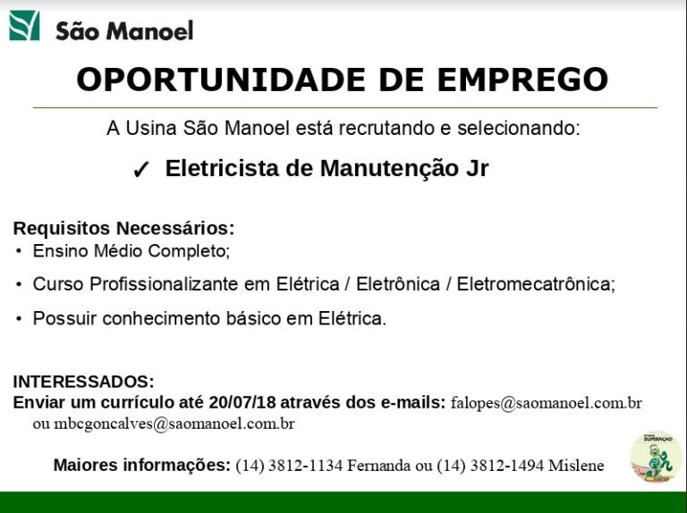 Usina São Manoel oferece oportunidade de emprego