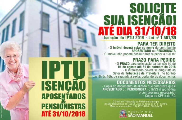 São Manuel: Prazo para pedido de isenção do IPTU vence dia 31