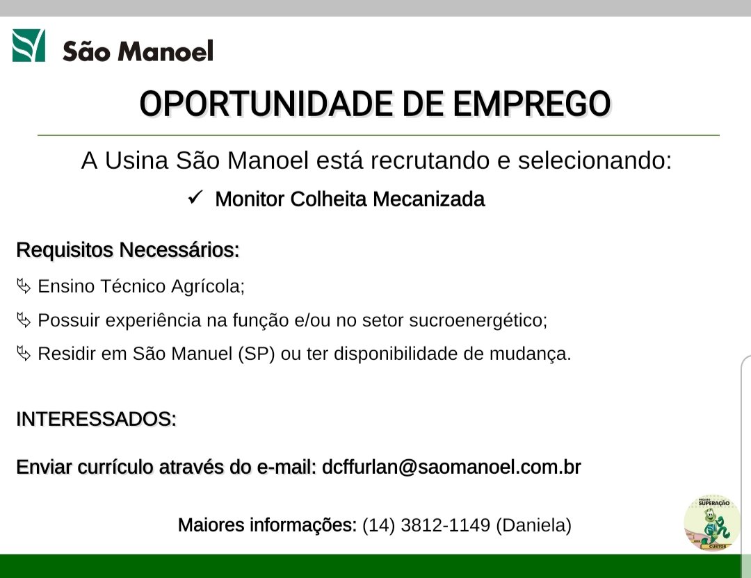 20190511_1952597912164705141327067 Confira as oportunidades de emprego da Usina São Manoel