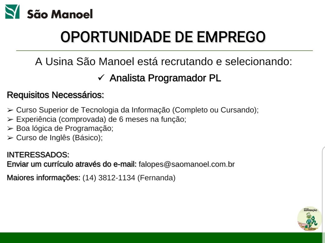 20190511_1953167366308004313887964 Confira as oportunidades de emprego da Usina São Manoel