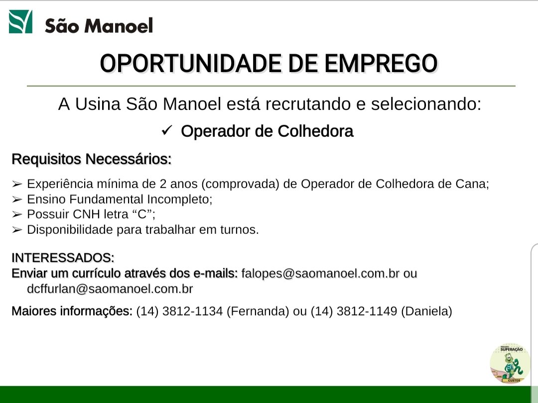 20190511_1953542351352574815329043 Confira as oportunidades de emprego da Usina São Manoel