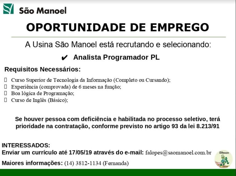 Último dia: Usina contrata Analista Programador PL