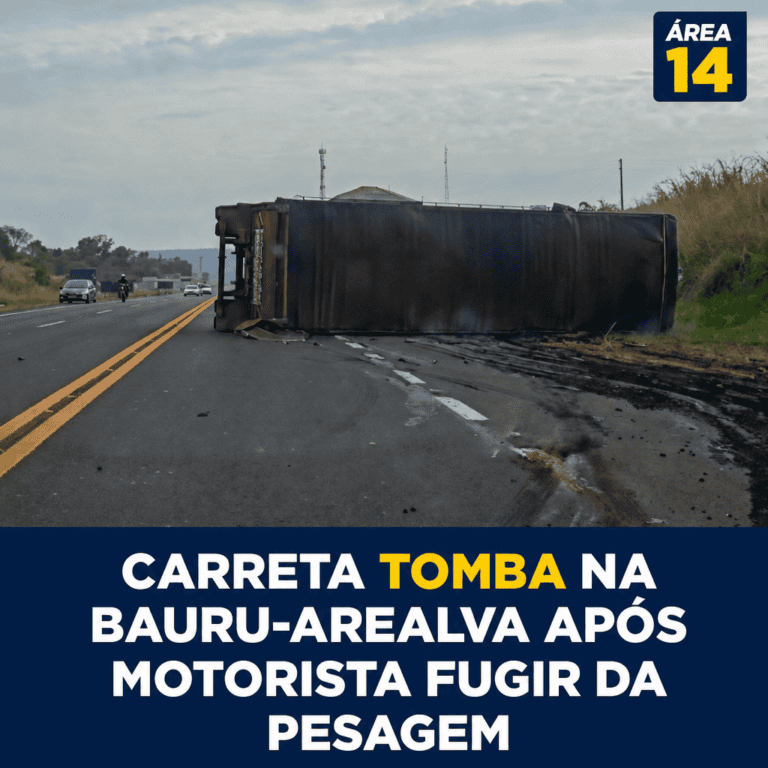 CARRETA TOMBA NA BAURU-AREALVA APÓS MOTORISTA FUGIR DA PESAGEM