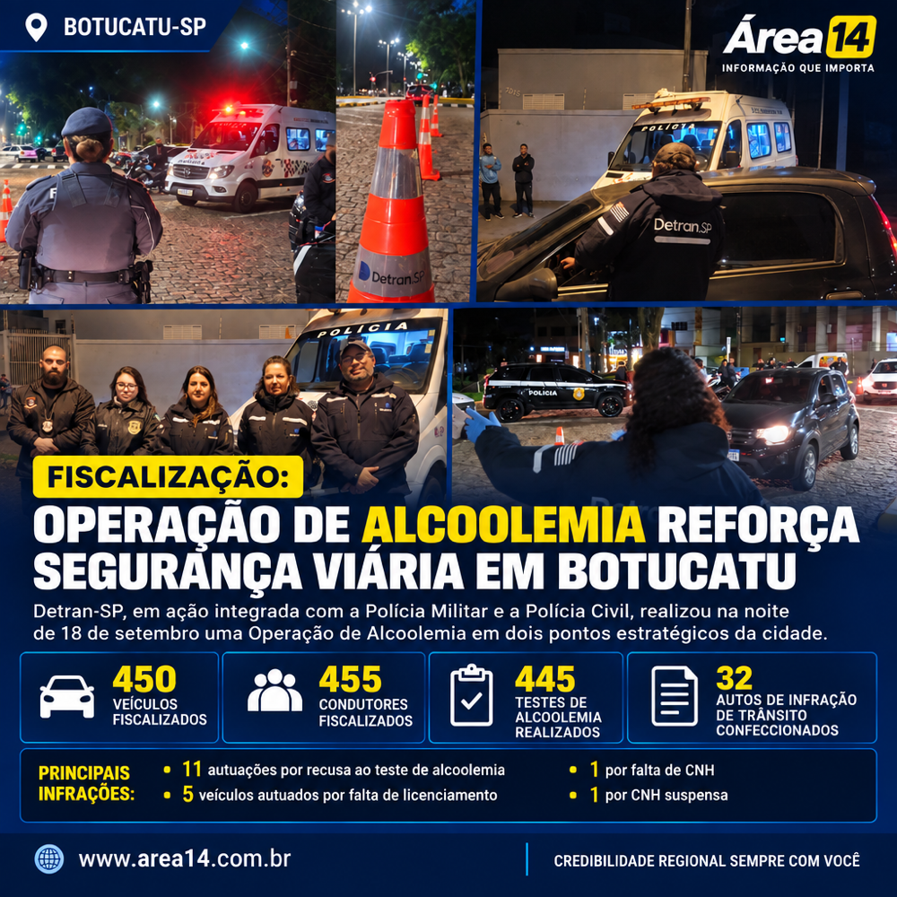 OPERAÇÃO DE ALCOOLEMIA FISCALIZA 450 VEÍCULOS EM BOTUCATU E AUTUA MENOS DE 8% DOS MOTORISTAS