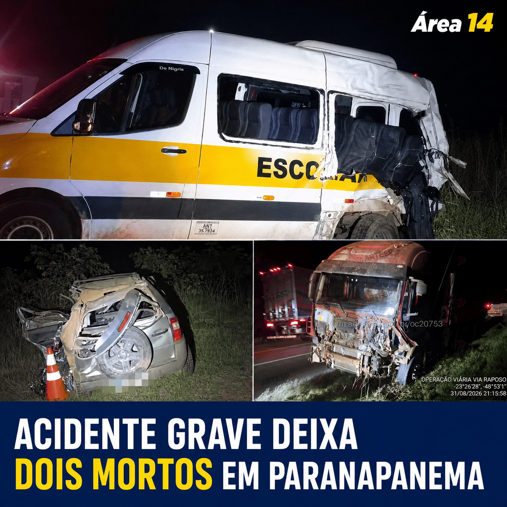 ACIDENTE ENTRE VAN ESCOLAR, CAMINHÃO E CARRO DEIXA DOIS MORTOS E TRÊS FERIDOS GRAVES EM PARANAPANEMA