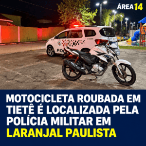 MOTOCICLETA ROUBADA EM TIETÊ É LOCALIZADA PELA POLÍCIA MILITAR EM LARANJAL PAULISTA