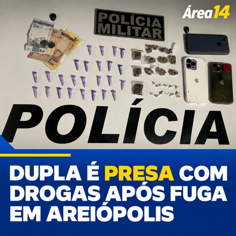 DUPLA É PRESA COM DROGAS APÓS FUGIR DA PM EM MOTOCICLETA SEM PLACA EM AREIÓPOLIS