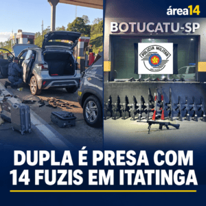 PM RODOVIÁRIA PRENDE DUPLA COM 14 FUZIS E SETE PISTOLAS EM ITATINGA