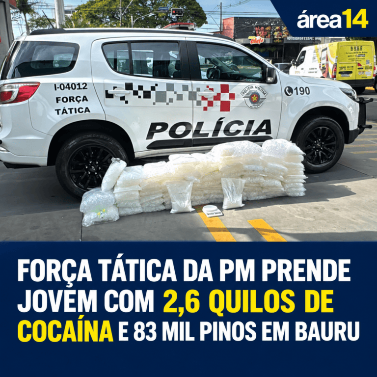 FORÇA TÁTICA DA PM PRENDE JOVEM COM 2,6 QUILOS DE COCAÍNA E 83 MIL PINOS EM BAURU